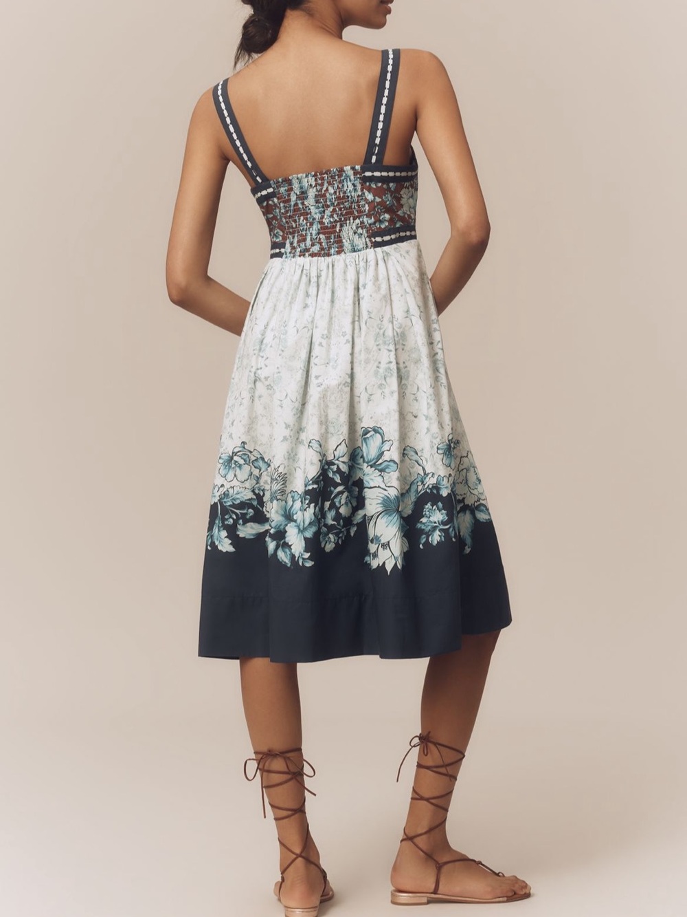 Maeve Navy, White and Brown Floral Midi Dress - Picture 2 of 9